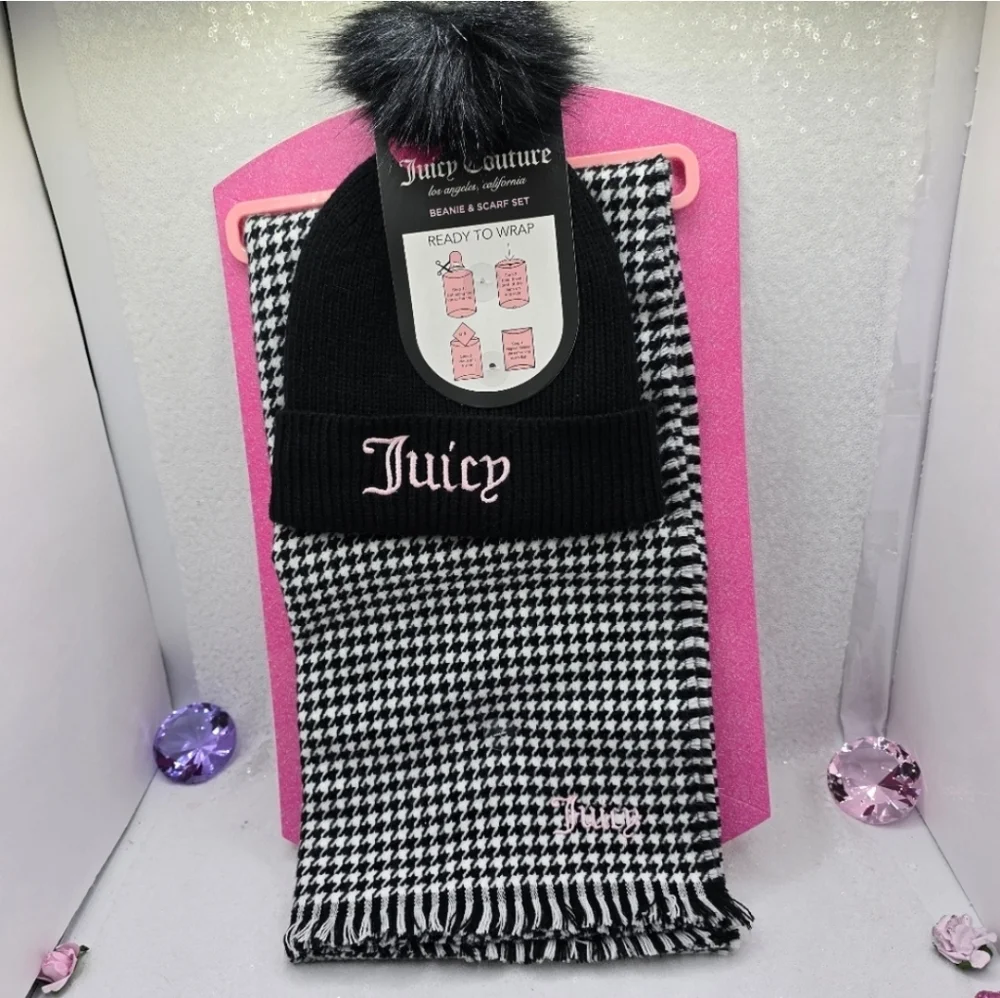 Juicy Couture Pom Pom Beanie & Scarf Set with Gift Box Black White Check Design